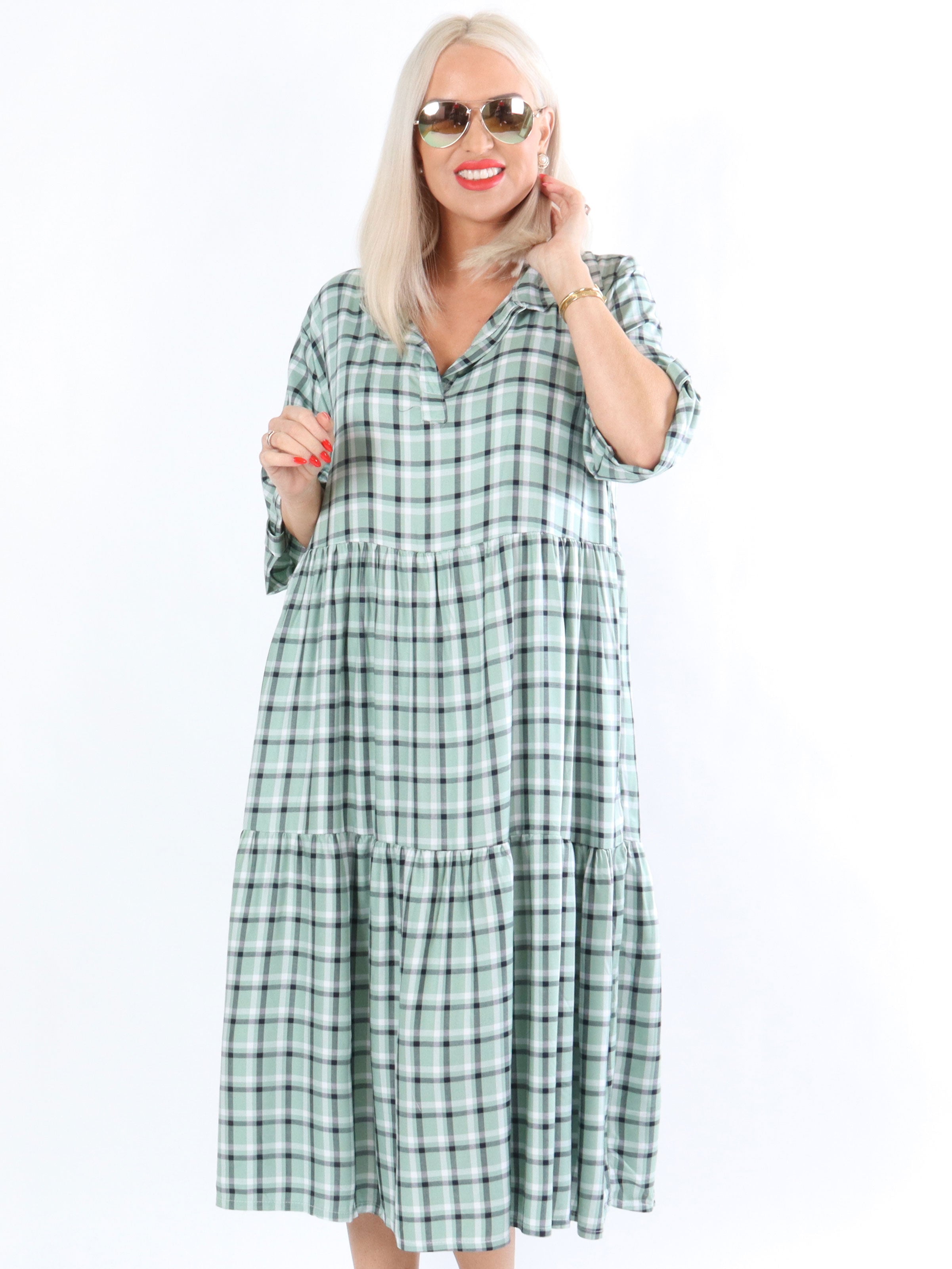 Sherlyn - Dammgrön rutig klänning